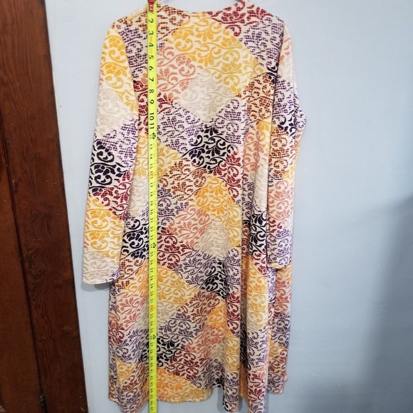 LuLaRoe Cardigan Long Duster Size L Beige Purple Open Front Patchwork - Picture 9 of 13